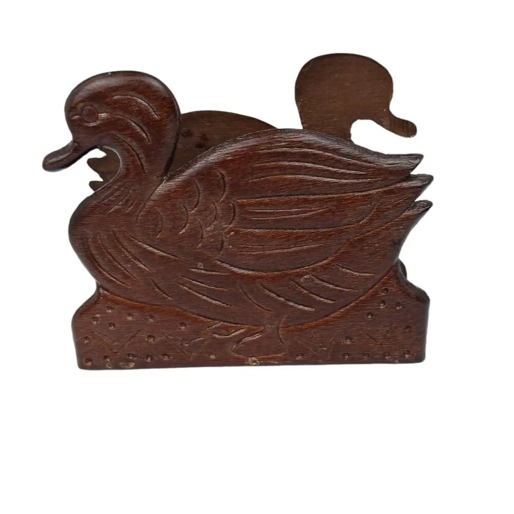 Vintage Wooden Duck Mallard Napkin Mail Holder Carved Office MCM